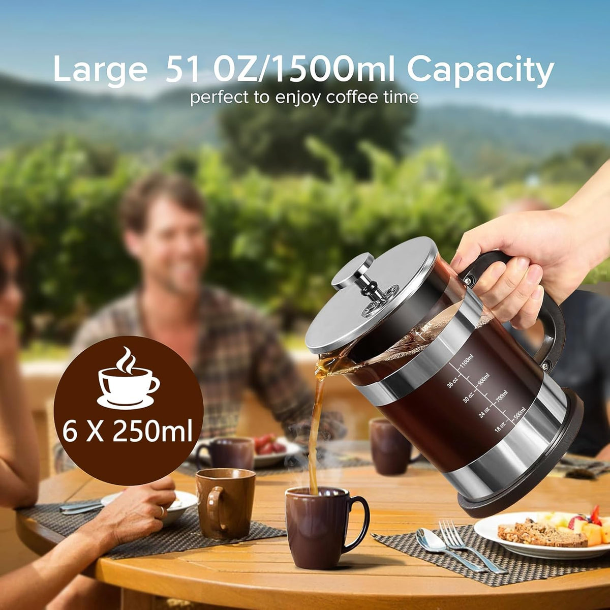 QUQIYSO French Press Coffee Maker 51oz 304 Stainless Steel French Press with 4 Filter, Heat Resistant Durable, Easy to Clean, Borosilicate Glass Coffee Press, Sliver