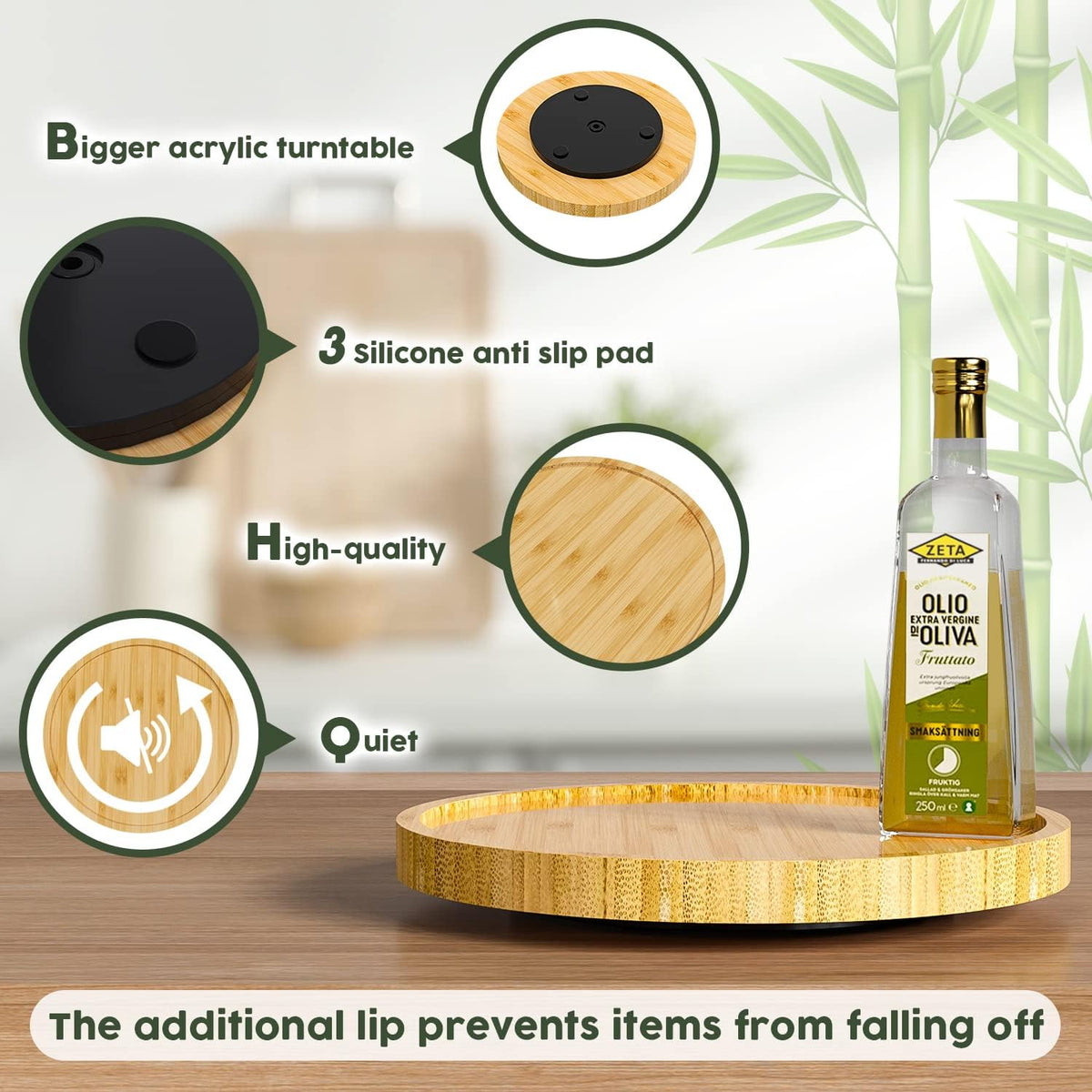 Lazy Susan Organizer, 10 Inch Non-Skid Bamboo Turntable Organizer for Salt Pepper Olive Oil and Spices Next to Stove, Wooden Lazy Susan for Table or Kitchen Countertop Organizer