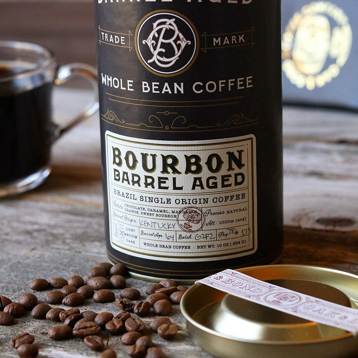 Oak & Bond Coffee Co. Bourbon Barrel Aged Coffee, Brazil Single Origin Whole Bean, Medium Roast - Chocolate, Caramel, Mandarin Orange, Sweet Bourbon Flavors - 10oz