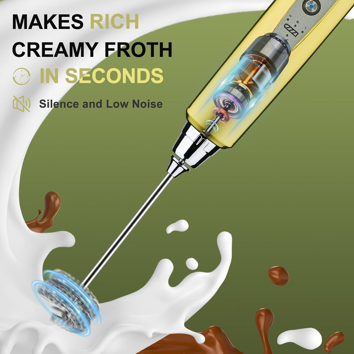 YUSWKO Champagne Gold Handheld Milk Frother Wand for Coffee, Rechargeable Electric Whisk with 3 Heads 3 Speeds Drink Mixer Coffee Frother For Latte, Cappuccino, Hot Chocolate, Egg