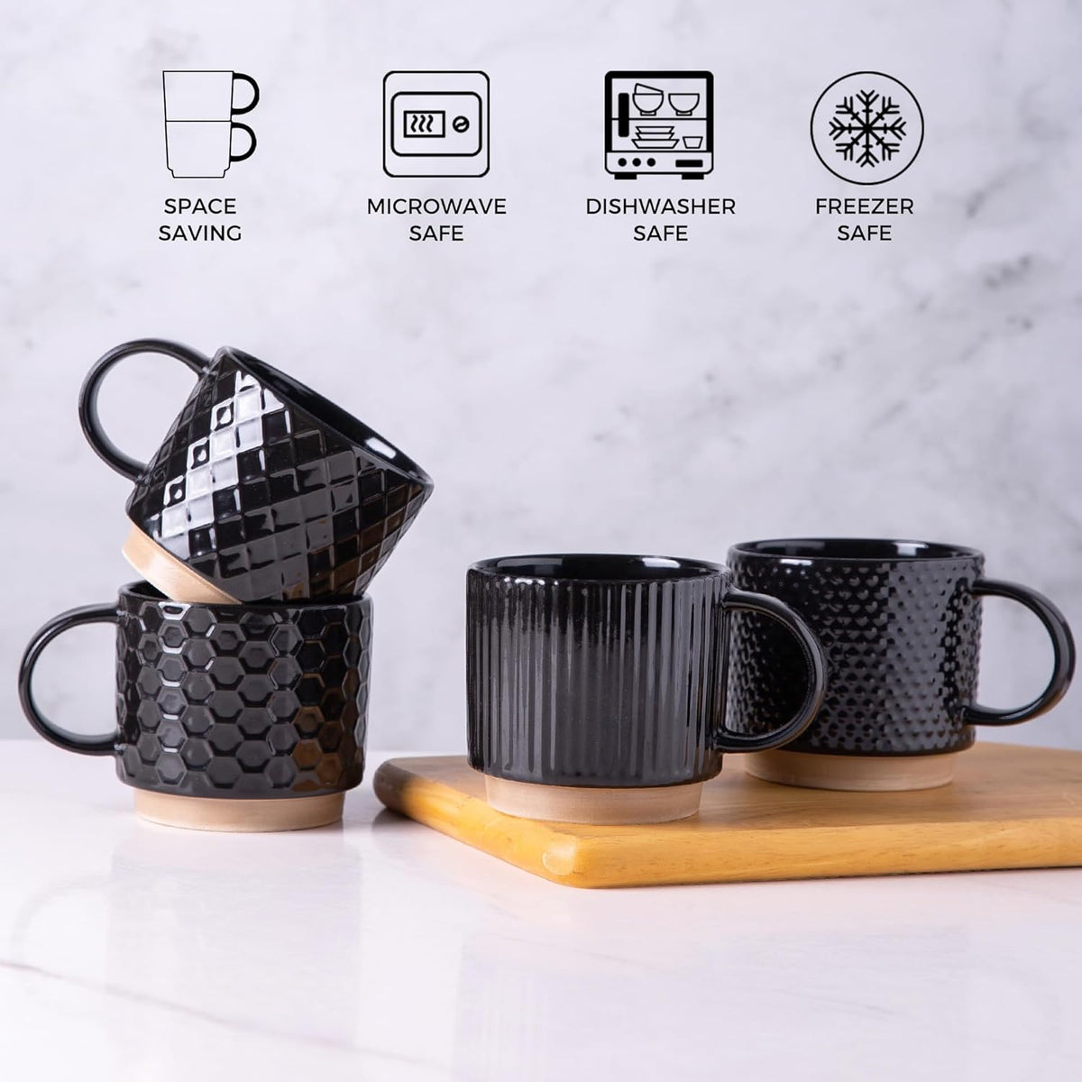 GBHOME 12OZ Stackable Coffee Mugs, Ceramic Coffee Mugs with Texture Patterns for Man,Woman,Dad,Mom, Modern Coffee Mugs Set of 4 for Latte/Cappuccino/Cocoa. Dishwasher&Microwave Safe, Black