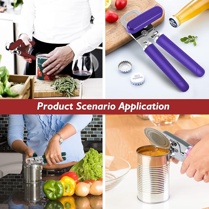 10 Colors Can Opener Manual Handheld Heavy Duty Hand Can Opener Smooth Edge Stainless Steel Can Openers Top Lid Kitchen Gadgets, Best Large Rated Easy Turn Knob, with Bottle Opener, Burgundy