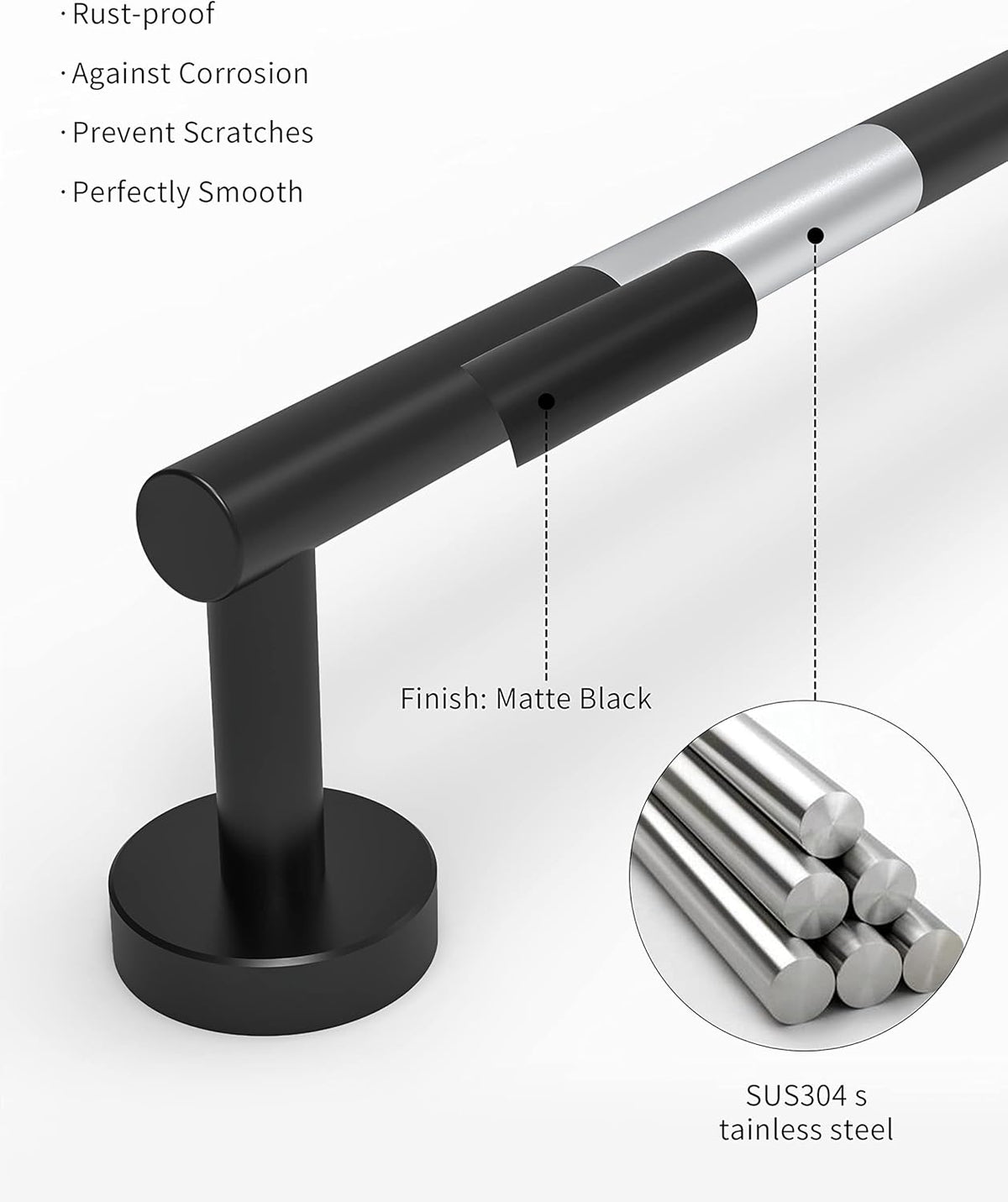 18 Inches Matte Black Towel Bar for Bathroom Kitchen Hand Towel Holder Dish Cloths Hanger SUS304 Stainless Steel RUSTPROOF Wall Mount (Matte Black 18-inch)