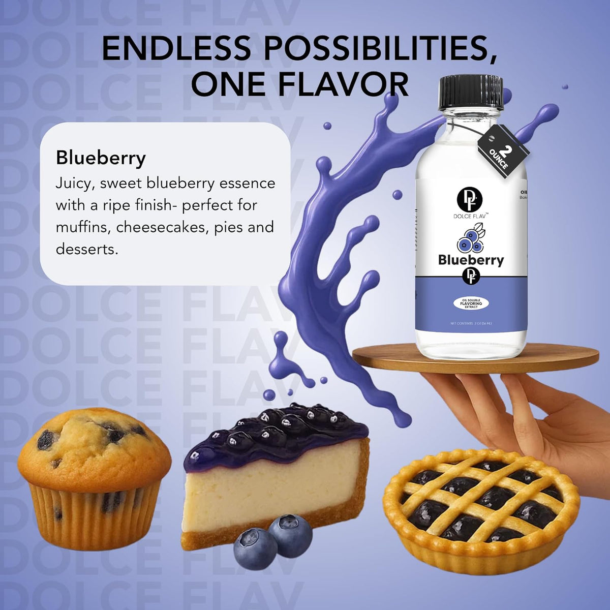 Dolce Flav Blueberry Extract – 2 Ounce Oil-Soluble Kosher, Sugar-Free, Concentrated Ripe Blueberry Flavoring for Baking, Chocolates & Desserts, Includes Measured Dropper