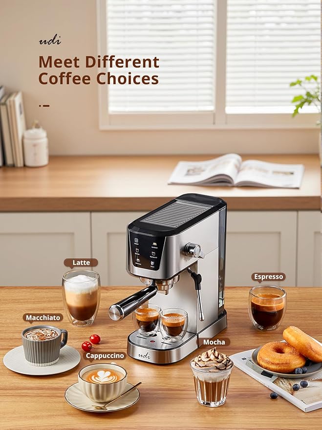 UDI Espresso Machines with LED Touch screen, 20 Bar Espresso Coffee machine for Lattes, Cappuccinos, Americano, Compact Cappuccino Latte Machine for Home, Silver