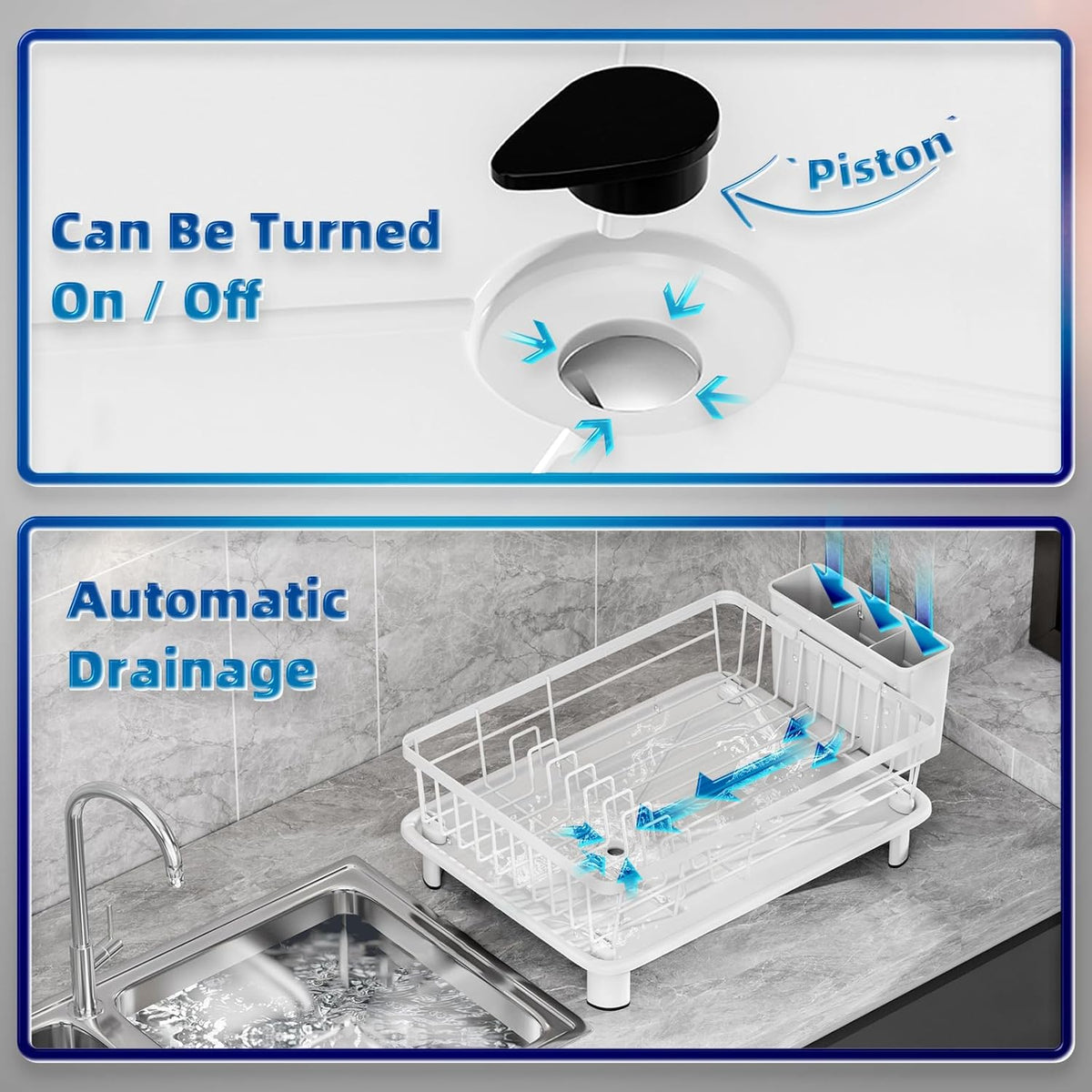 Dish Drying Rack, Space-Saving Dish Rack, Dish Racks for Kitchen Counter, Drying Rack Kitchen with Removable Utensil Holder, and Automatic Drainage Drainboard, 11''W x 15''L, White