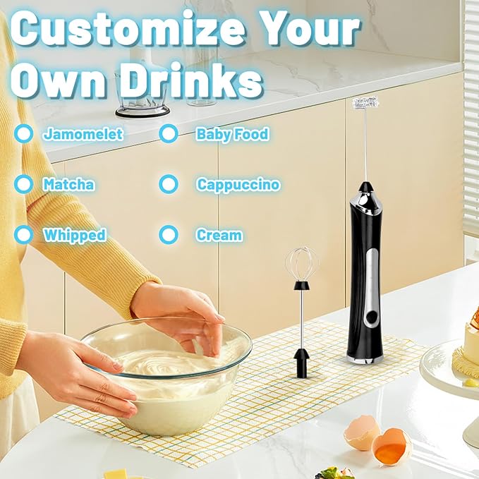 TonJin Milk Frother USB-C Rechargeable Handheld Frother Wand with 2 304 Stainless Whisks, New Upgraded 3 Speeds Coffee Whisk Frother Electric Drink Mixer for Lattes, Cappuccino, Egg, Matcha, Black