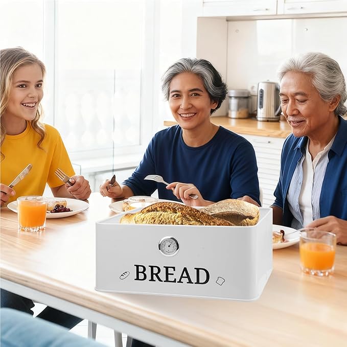 White Bread Box for Kitchen Countertop with Bamboo lid, Hygrometer Kitchen Organizer for Sourdough, Buns, and Loaves, Bread Storage Container