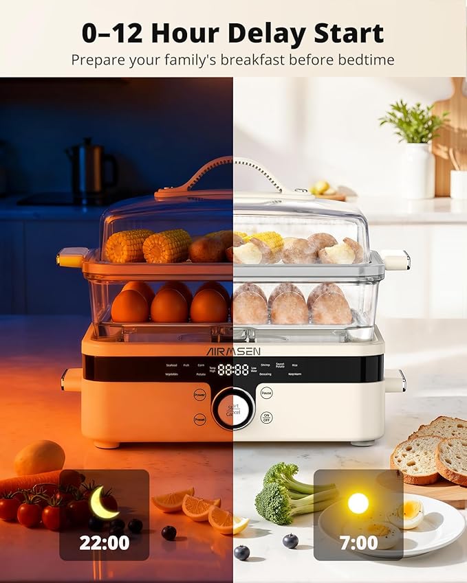 AIRMSEN Glass Food Steamer for Cooking - 8.5QT Vegetable Steamer with 2-Tier Stainless Steel Trays, 1200W Super Fast Heating for Veggies, Seafood & Rice, BPA-Free