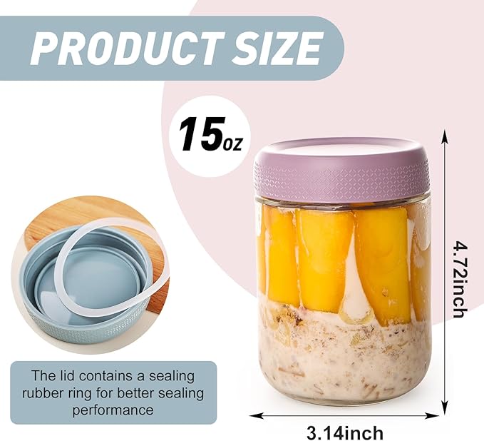 YUNCANG 6-pack Overnight Oats Containers with Airtight Lids, 16 oz Wide Mouth Mason Salad jars, Glass Food Storage Containers for Sugar Spice Yogurt Snacks