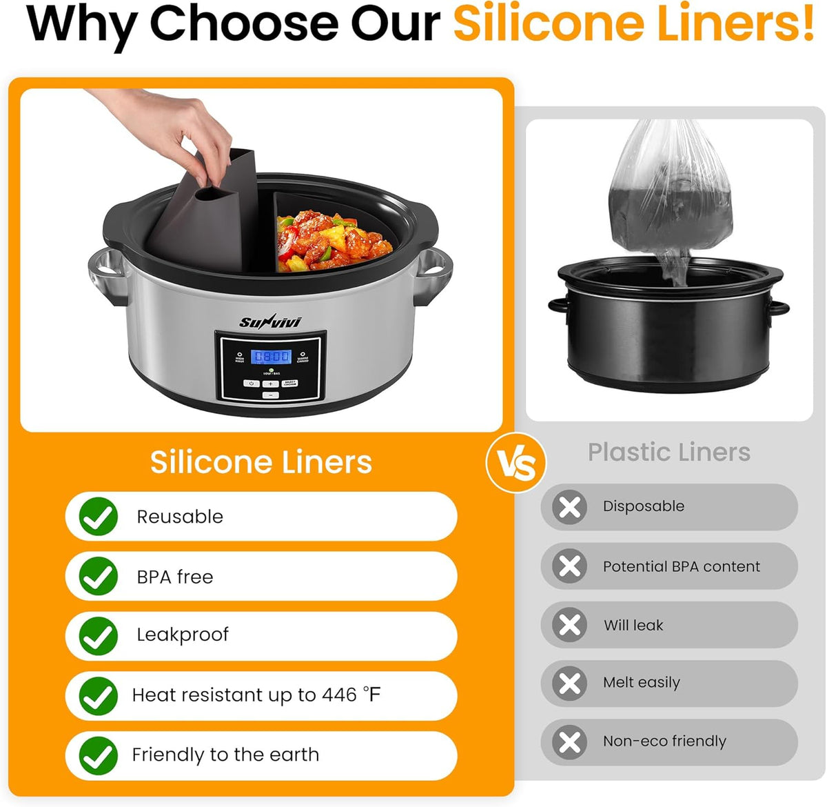 Sunvivi 6 Quart Programmable Slow Cooker with 2 in 1 Silicone Liners, Multi-Cooker Food Warmer with Digital Timer, Adjustable Tempature Control, Dishwasher Safe Parts, Silver