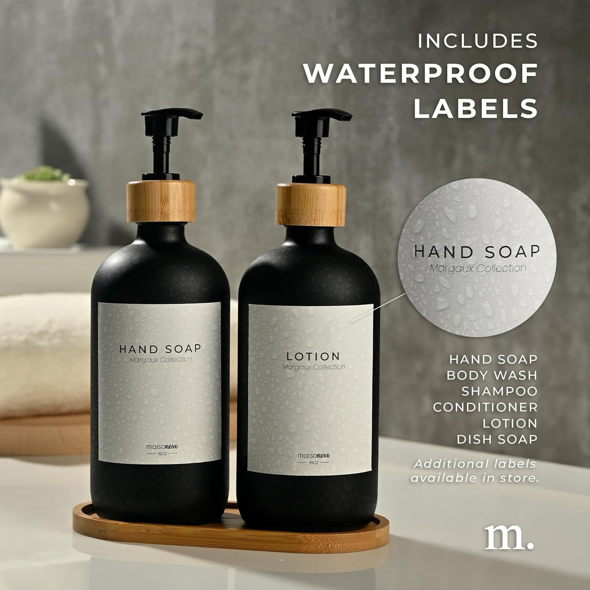 Maisonovo Glass Soap Dispenser Bathroom Set | Hand Soap and Dish Soap Dispenser Set | 16.9oz Amber Bottles with Black Bamboo Pump | Bathroom Lotion Dispenser Set of 2