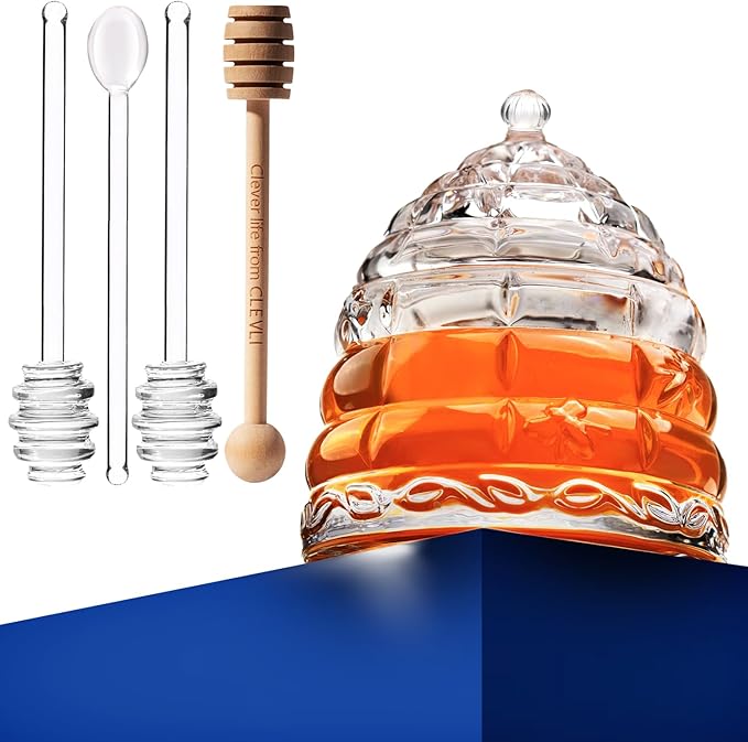 Elegant Glass "Crystal" Honey Jar with 2 Glass + 1 Wooden Dipper & 1 Clear Spoon | Beehive Design | 10 oz Container | Perfect for Sugar, Marmalade & Jam | Durable & Stylish Multipurpose Pot with Lid