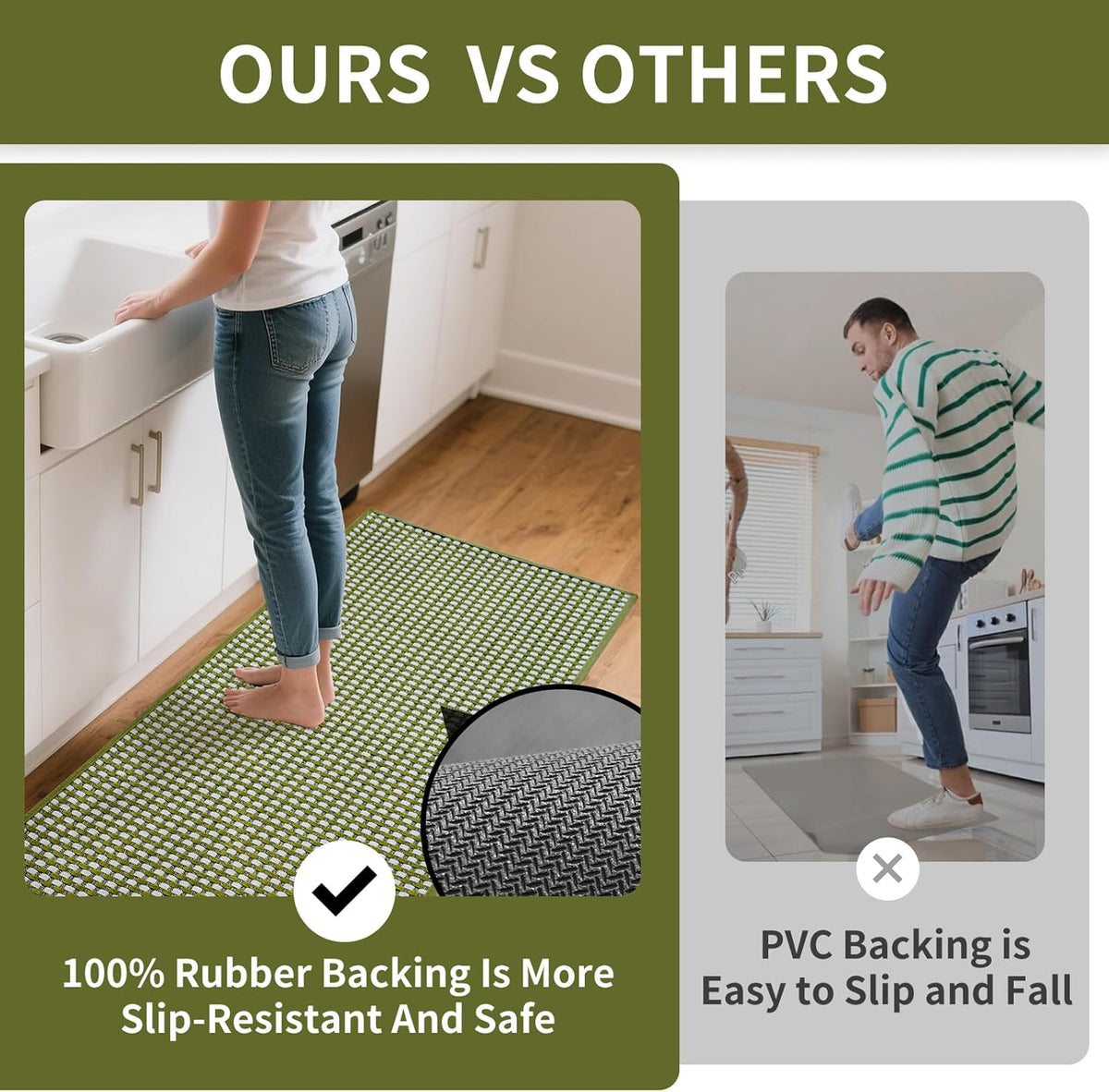 Kitchen Mats for Floor, Super Absorbent Kitchen Rugs Non Slip Washable, Rubber Backing Soft Chenille Braided Kitchen Runner Rug Standing Mat Sink Mat, Easy to Clean, Green 17"x28"