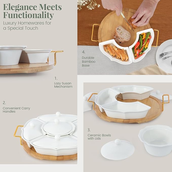 PLAPITATE Party Serving Trays and Platters, Ceramic Lazy Susan Serving Tray with Divided Sections Appetizer Rotating Serving Tray for Fruits, Veggies, Chips and Dip Serving Set