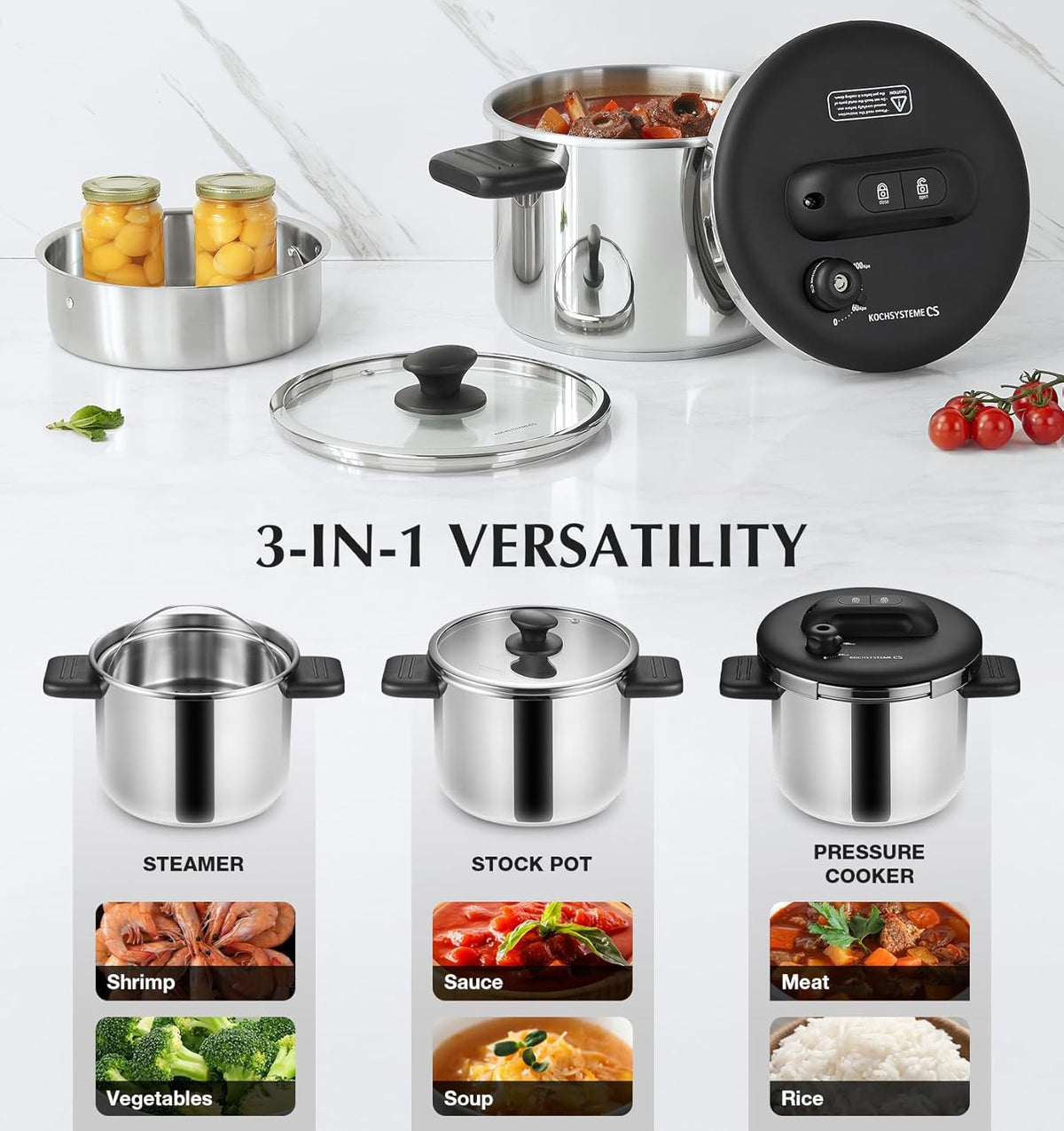 KOCH SYSTEME CS Pressure Cooker Stainless Steel, 6.3 QT Olla de Presion, Easy One-Press Lock, 3 PSI Settings Pressure Cooker, Save 70% Time, Gas & Induction Compatible, Glass Lid & Steamer Rack