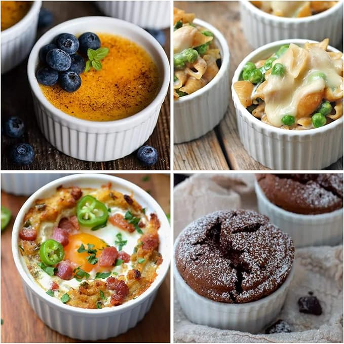 Creme Brulee Making Set - 6 Porcelain Ramekins 6 oz, 304 Stainless Steel Lifting Rack, 9" X 13" Bottom Pan