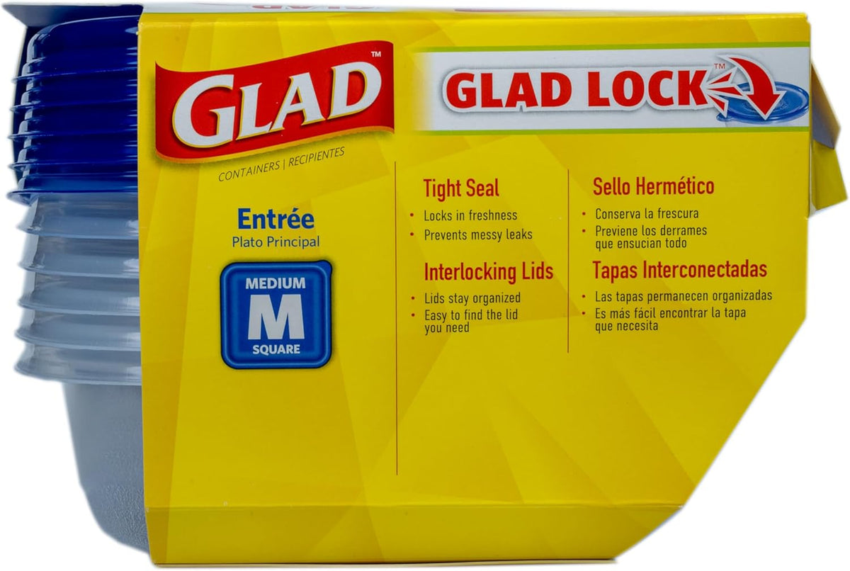 Glad GladWare Entrée Food Storage Containers, Medium Square - Meal Container Holds up to 25 Ounces of Food - Lock Tight Seal, 5 Count - 6 Pack