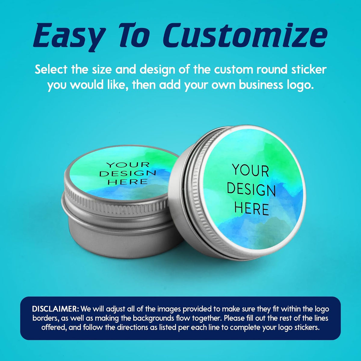 100 Custom Vinyl Stickers - Upload Your own Image, Text, Design, Logo - Personalized Logo Labels for Handmade, Packaging, Bottle, Jars, Candle, Brand Stickers (Blue Green, 3x3)