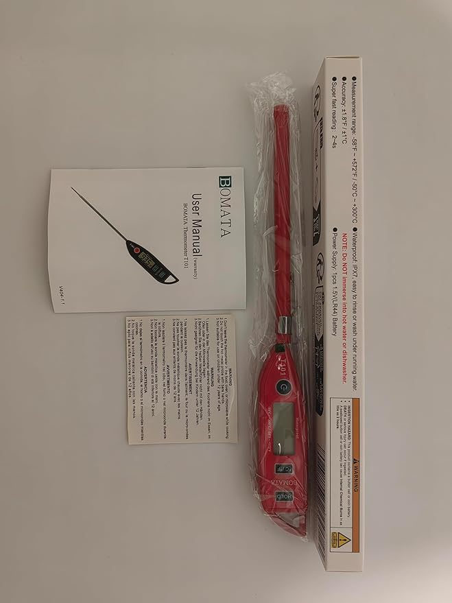 BOMATA Waterproof IPX7 Thermometer for Water, Liquid, Candle and Cooking. Instant Read Food Thermometer with Long Probe for Cooking, Meat, BBQ! T101 (Red Color)………