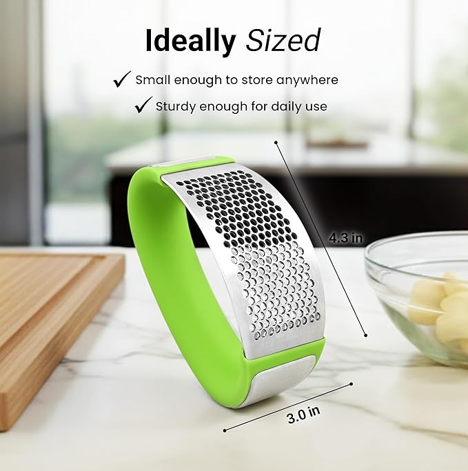 Zulay Kitchen Stainless Steel Garlic Press Rocker Set - Premium Garlic Mincer Garlic Crusher - New Innovative Garlic Crusher with Peeler and Scraper - Comfortable Grip (Green)