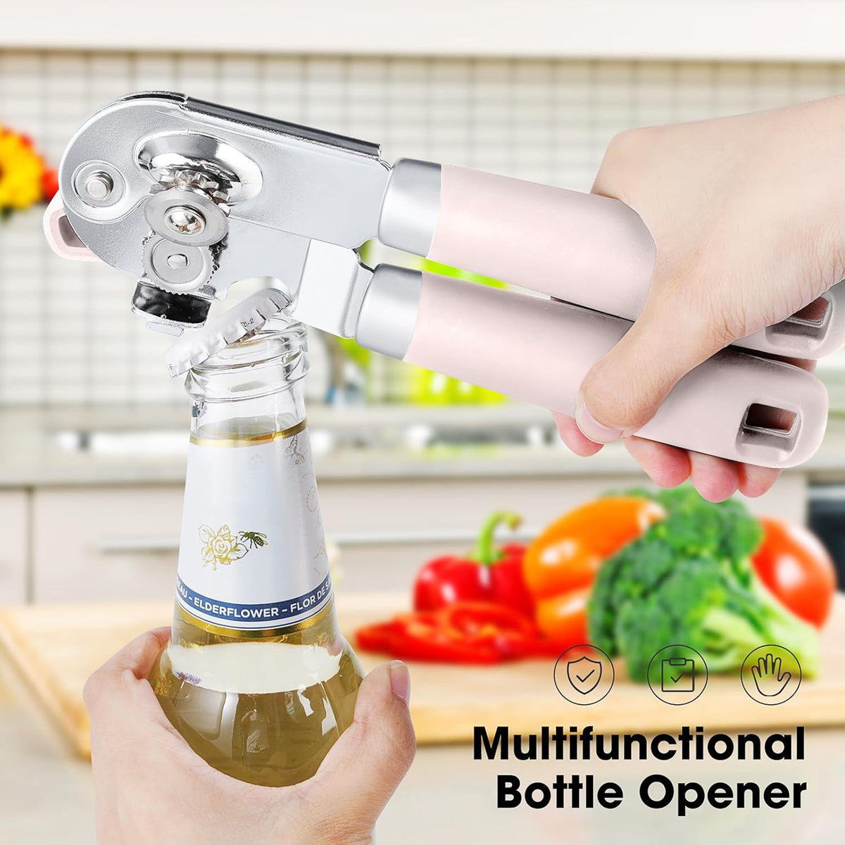 Beneno Can Opener Manual with Magnet, Hand Held Heavy Duty Can Opener with Durable Sharp Blade Smooth Edge, Big Effort-Saving Knob, Soft Grip Rubber Handle, Multifunctional Bottle Opener, Light Pink