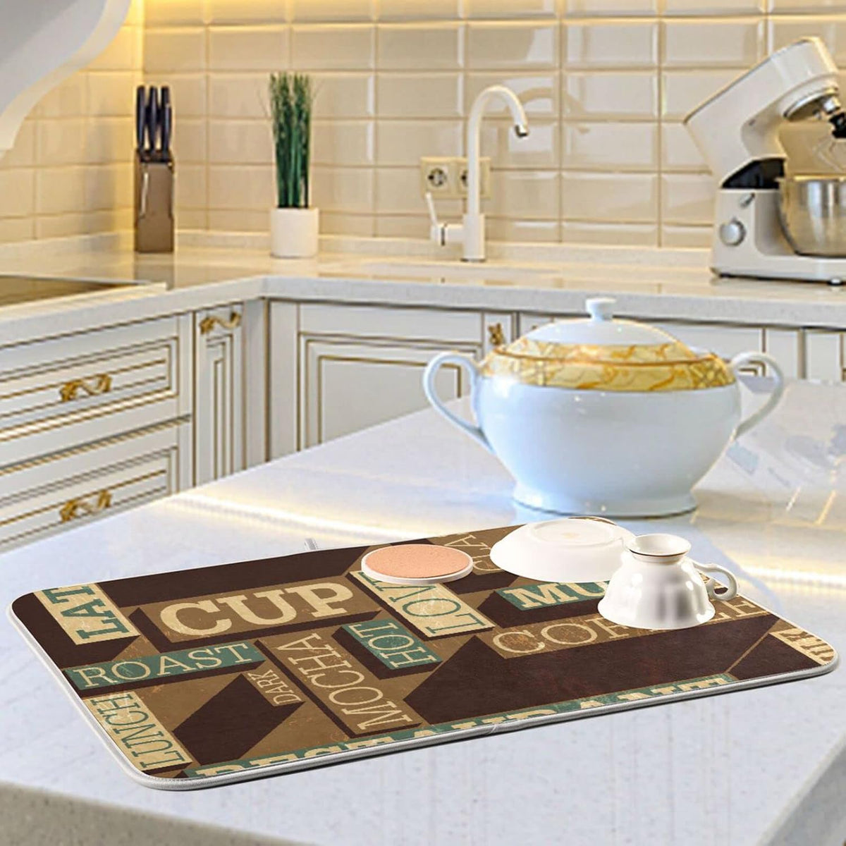 senya Super Absorbent Dish Drying Mat, Microfiber Fast-Drying 16'' x 18'', Kitchen Pad, Coffee Themed Seamless Retro