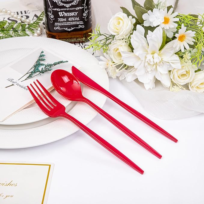 PULOTE 150PCS Red Plastic Silverware Set - Heavy Duty Plastic Cutlery - Red Utensils Disposable Include 50 Forks, 50 Spoons, 50 Knives for Party, Wedding & Mother’s Day