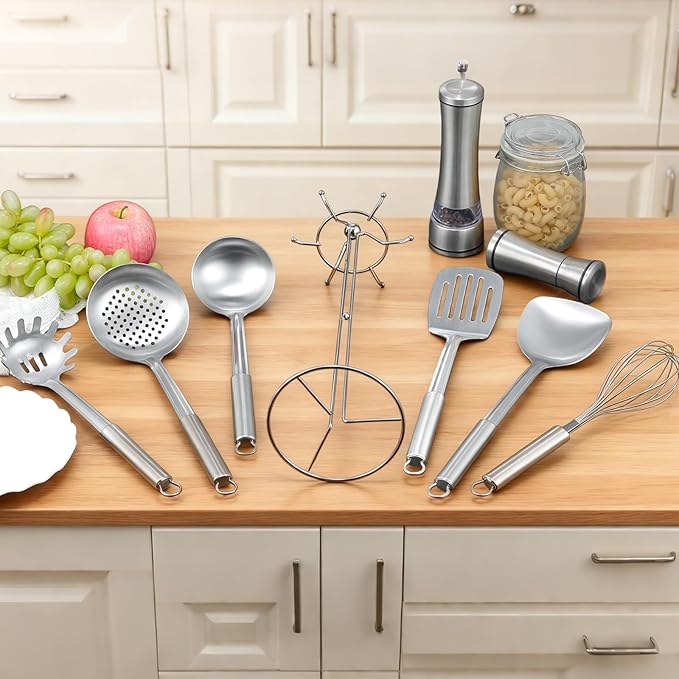 Stainless Steel Kitchen Cooking Utensils Set of 7 - Kitchen Utensils with Hanging Rack, Spatula, Slotted Turner, Soup Ladle, Slotted Spoon, Whisk, Pasta Server, Holder, Dishwasher Safe