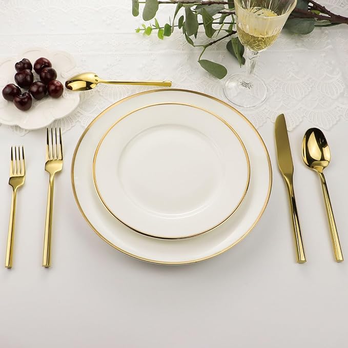 DEACORY Silverware Set Flatware Set Mirror Gold Cutlery Set Heavy Hexagon Handle Stainless Steel 20 Pieces Dishwasher Safe Service for 4