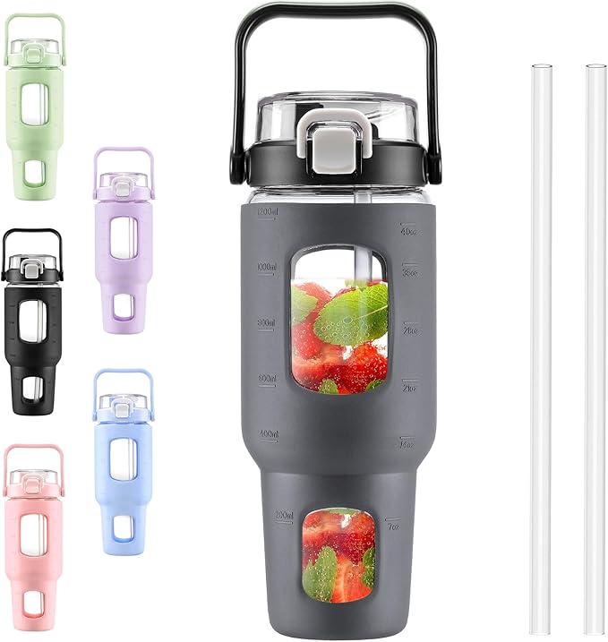 BLUEGO 40 oz Glass Water Bottles with Straw Time Marker, Glass Tumbler with Handle Top Lids, Easy to Clean, Fits in Car Cup Holder, Leakproof Jug for Gym, Sports, Workout & Daily, Dark Grey