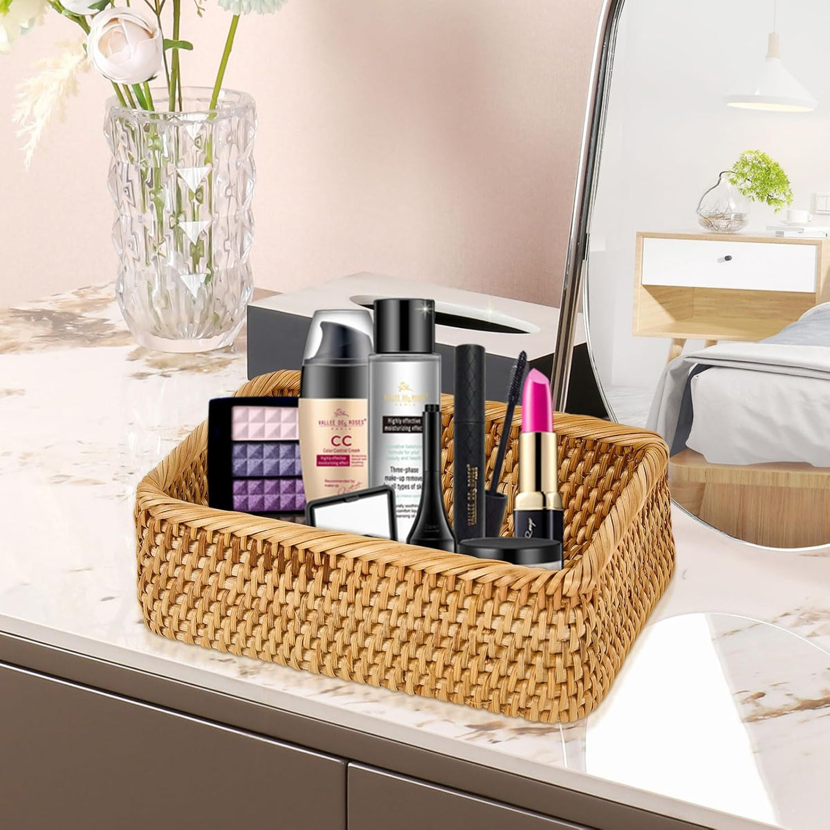 Natural Rectangular Rattan Storage Baskets (Set of 3), Hand Woven Food and Fruit Serving Baskets, Wicker Organizer for Living Room, Bedroom, Kitchen