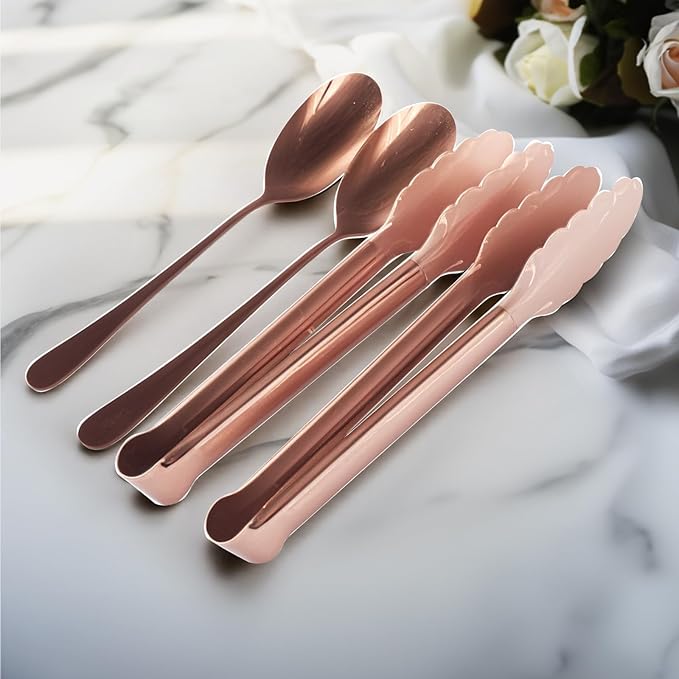 12PCS Stainless Steel Serving Utensils Sets with 8 Large Serving Spoons,4 Serving Tongs,Rose Gold Serving Utensills Sets for Buffet Catering Banquet Party (Rose Gold)