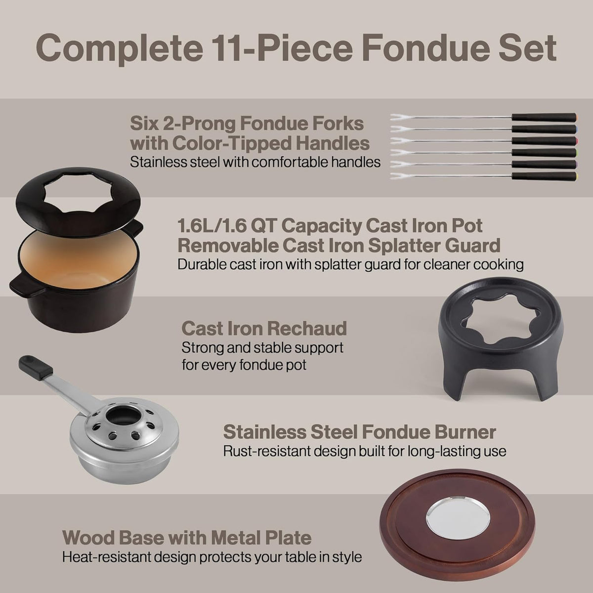Swissmar Sierra Cast Iron Fondue Set, 1.6 Quart / 1.6 Liter – Perfect for Meat, Cheese, & Chocolate Fondues – Ideal for Family Bonding & Hosting Gifts - 12-Pieces, Metallic Black