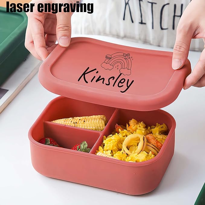 Custom Silicone Bento Box | Personalized Lunch Box with Engraved Name/Logo | Lunch Containers for Work Travel Outdoor with 3 Compartment