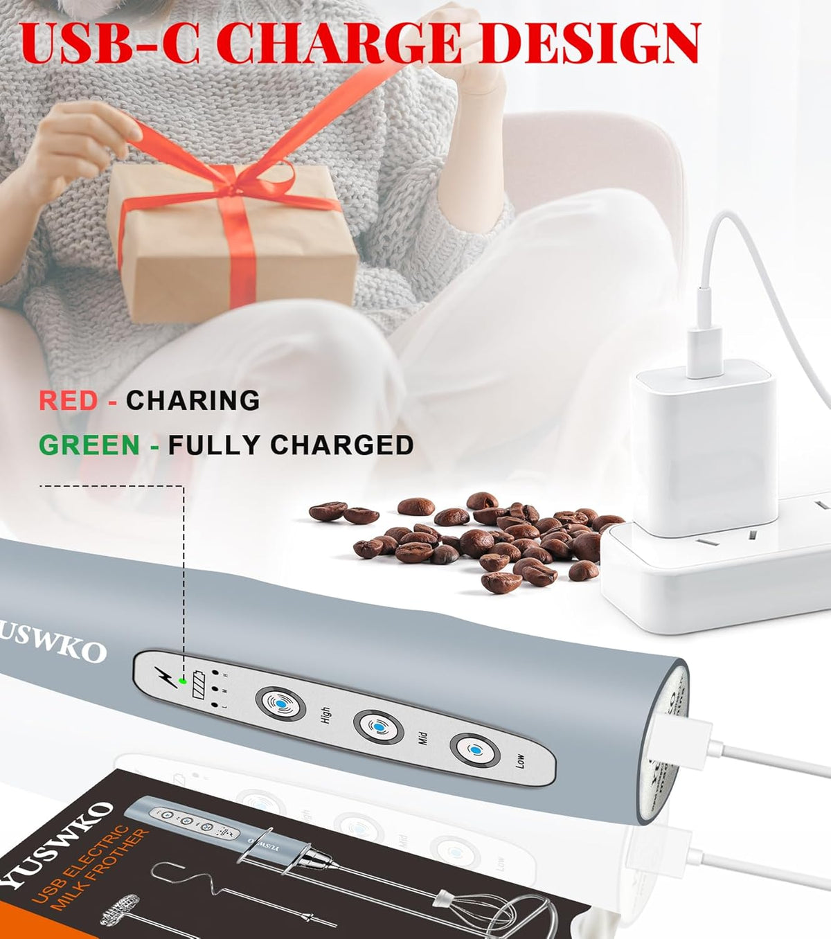 YUSWKO Rechargeable Milk Frother for Coffee, Handheld Drink Mixer with 3 Heads 3 Speeds, Ideal Electric Stirrers for Travel