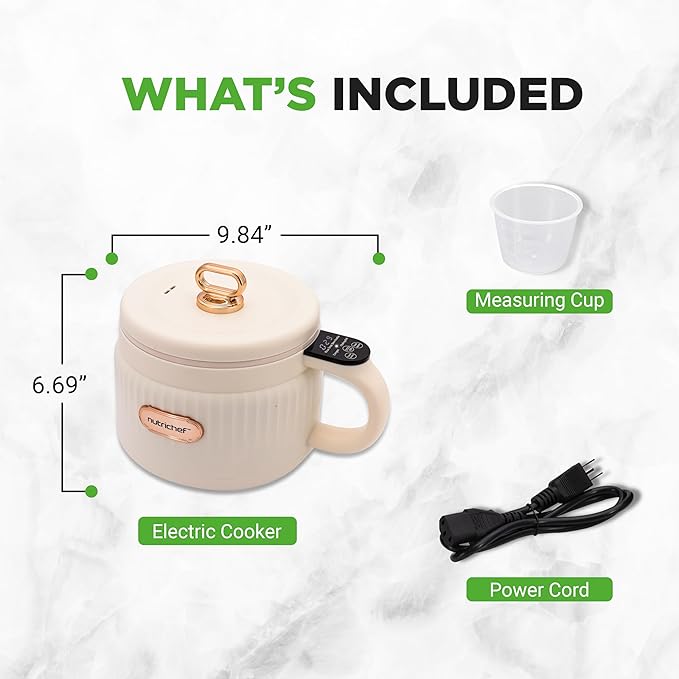 NutriChef 1.6 QT Portable Electric Rice Cooker & Lunch Maker | Multi-Functional & Non-Stick Ceramic Coating | Digital Control Panel | 6 Cook Functions: Rice, Soup, Stew, Porridge & More | White
