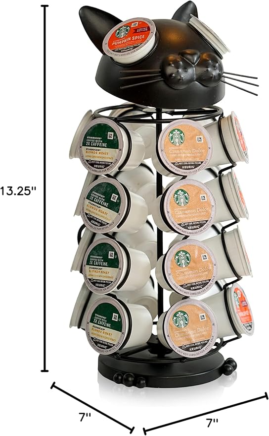 Made Easy Kit Carousel 360 Coffee Pod Holder, Compatible with Keurig K-Pods K-Cups, Countertop Rack Storage Organizer, Metal Home and Kitchen Decor, Capsule Café Station Bar (Small, Black Cat)