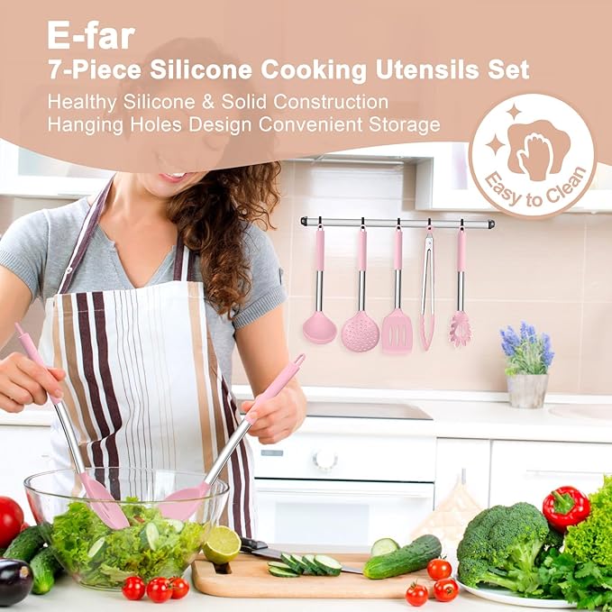 E-far Silicone Cooking Utensils Set, 7 Pcs Heat Resistant Kitchen Utensils with Stainless Steel Handle, Slotted Turner, Spoon, Soup Ladle, Pasta Server, Skimmer, Tongs for Nonstick Cookware, Pink