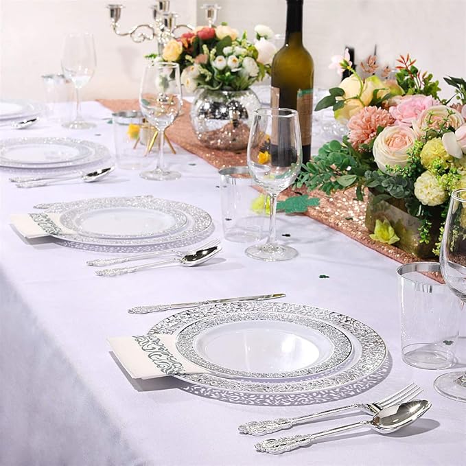 bUCLA 350PCS Silver Plastic Dinnerware Set - Silver Plates Disposable Lace Design for 50 Guests Include 100 Plates,50 Forks,50 Knives,50 Spoons,50Cups,50 Napkins,Ideal for Party,Wedding&Christmas