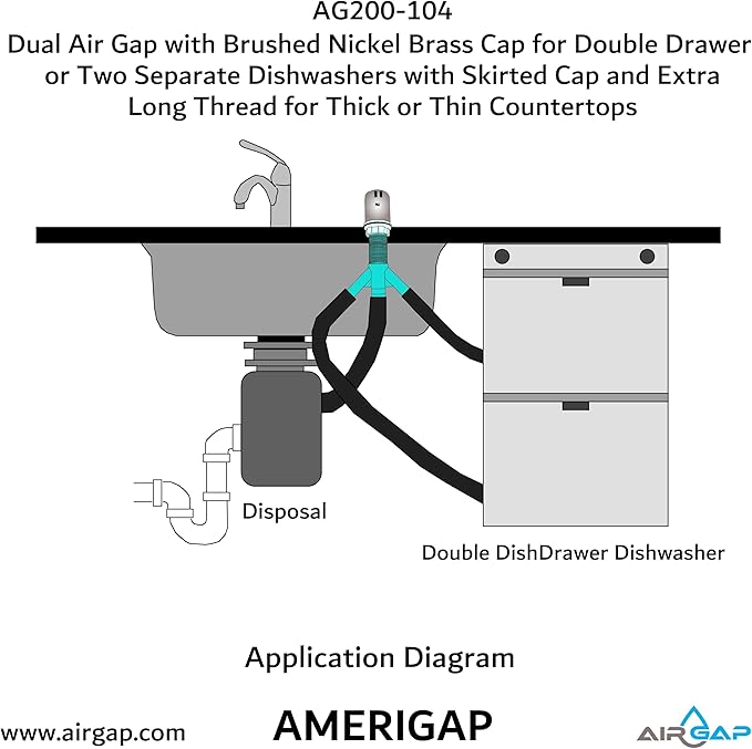 Dual Air Gap with Brushed Nickel Brass Cap for Double Drawer or Two Separate Dishwashers with Skirted Cap and Extra Long Thread for Thick or Thin Countertops (AG200-104, AG200-X04, AMERIGAP)