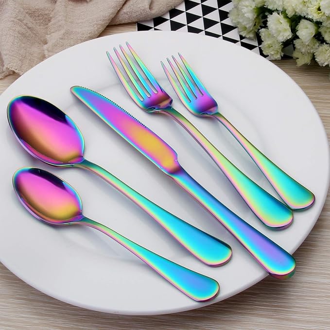 Rainbow Silverware Set,SHARECOOK 20-Piece Stainless Steel Flatware Set with Round Edge,Kitchen Utensil Set Service for 4,Dishwasher Safe (Multicolor)