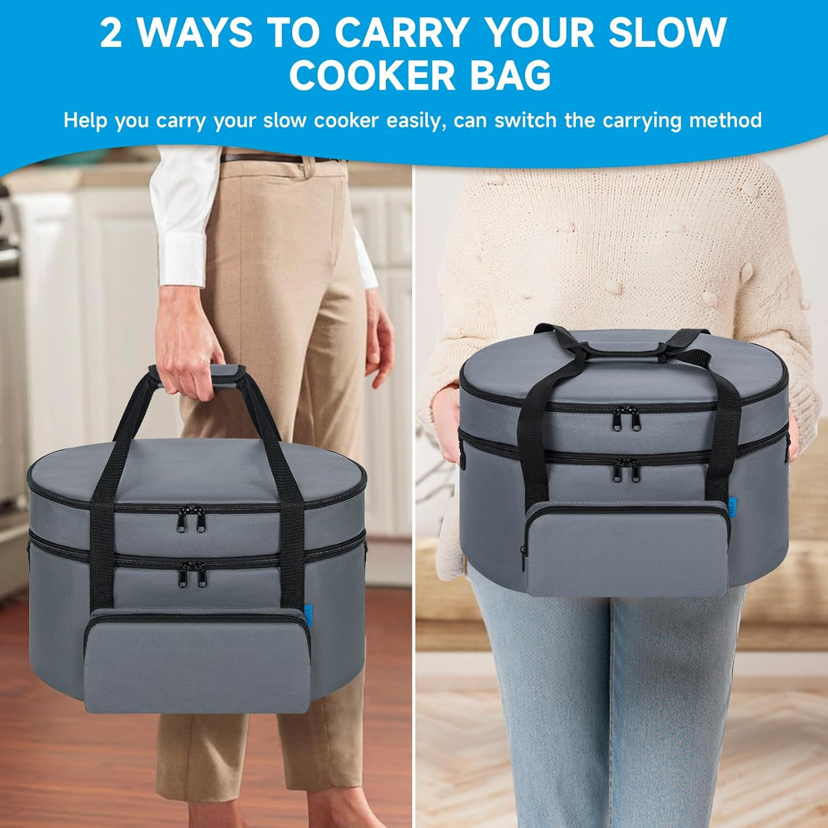 Double Layer Slow Cooker Travel Bag Compatible with 6, 7, 8 Quart Crock-Pot, Insulated Travel Carrier with Easy to Clean Lining, Grey