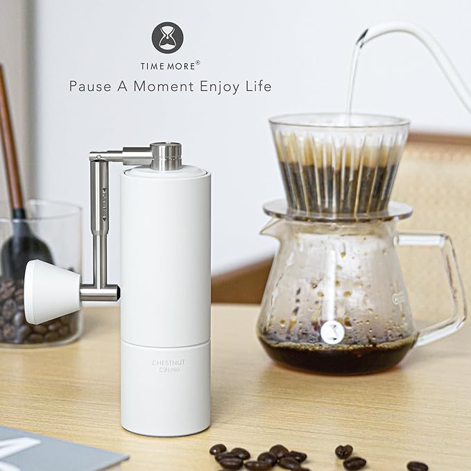 TIMEMORE Chestnut C3S Pro Hand Coffee Grinder, Stainless Steel S2C Conical Burr Manual Coffee Grinder, Coffee Grinder with Foldable Handle, Adjustable Grind Setting for Espresso to French Press, White
