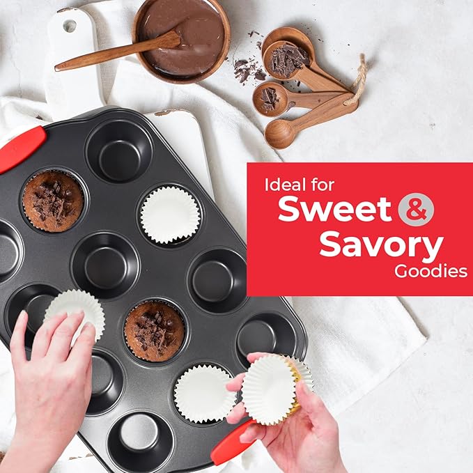PERLLI Non-Stick 6-Piece Baking Pan Set, BPA-Free Carbon Steel Bakeware Set with Silicone Handles, Stackable Kitchen Oven Set, Cookie Sheet, Baking Tray, Baking Sheet Set, Oven Safe (446°F)