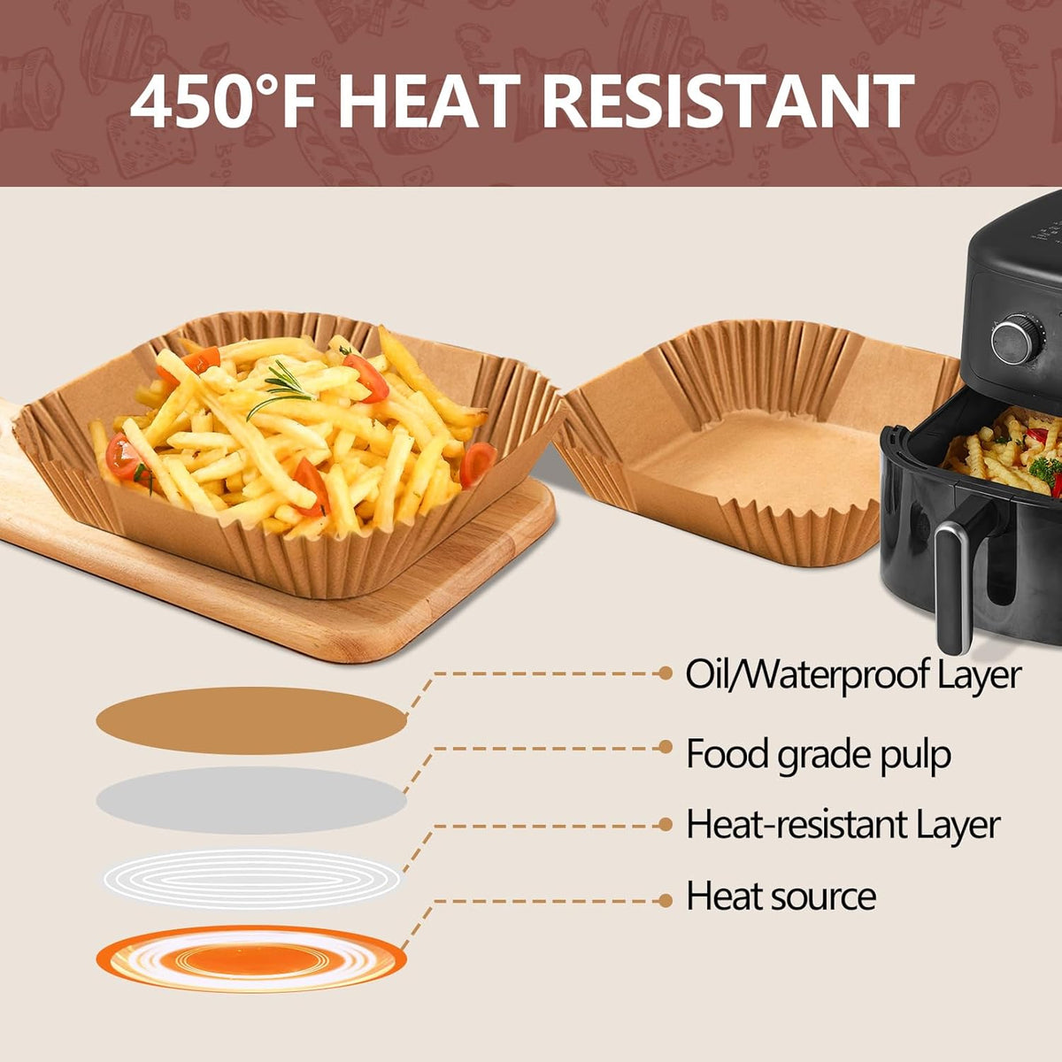 UBeesize 7.5 Inch Air Fryer Paper Liners,300 PCS Parchment Paper, Air Fryer Disposable Paper Liners for Microwave, Non-Stick Sheets Square Free of Bleach(Bottom size 6.3 Inch)