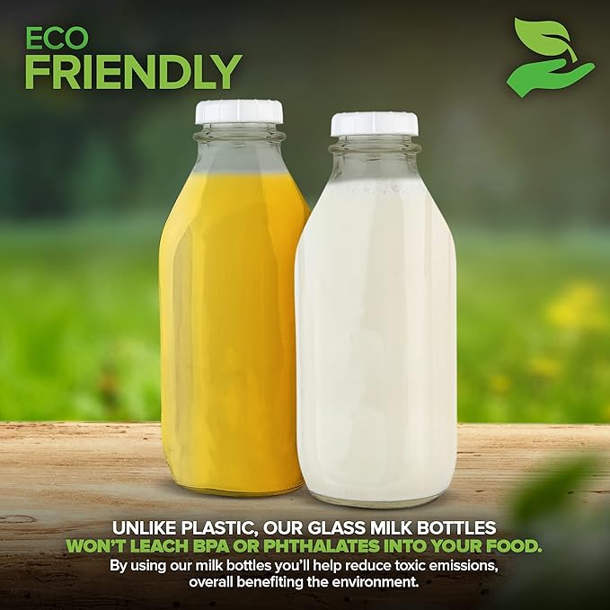 Stock Your Home Liter Glass Milk Bottle with Lid (3 Pack) 32 Oz Jugs and 6 White Caps, Reusable Food Grade Milk Container for Refrigerator, Bottles for Juice, Oat or Plant Milks, Water, Honey