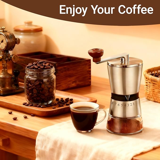 Ceramic Burr Manual Coffee Grinder with 8 Adjustable Coarseness Settings for Cold Brew Espresso Beans French Press Pour Over Drip Stainless Steel Hand Crank Coffee Mill for Home use or Travel Camping