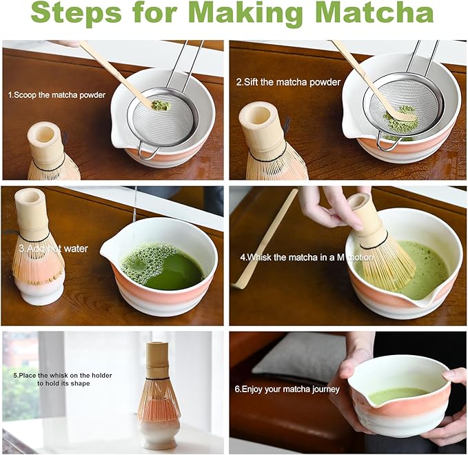 Pink Matcha Whisk Making Set - Japanese Tea Kit with Whisk Bowl and Bamboo Scoop Ceramic Chawan with Spout for Traditional Tea Ceremony Complete Matcha Making Tools Gift for Tea Lovers (Pink, 5 PCS)