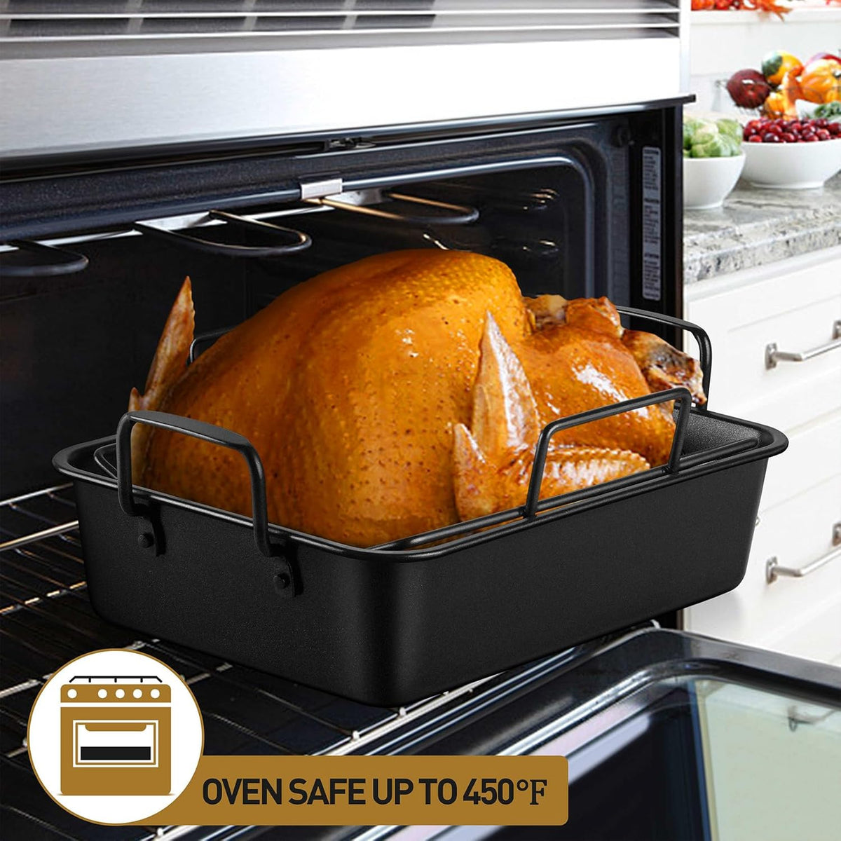 P&P CHEF 16" Roaster Roasting Pan with Baking Rack and V-shaped Rack, Stainless Steel Rectangular Lasagna Pan with Handles for Turkey Chicken, Healthy & Dishwasher Safe, 3 Pieces, Black